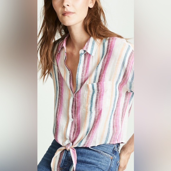 💜 Rails M Amelie Avila Stripe Linen Button Up Tie Bottom Top - Picture 2 of 7